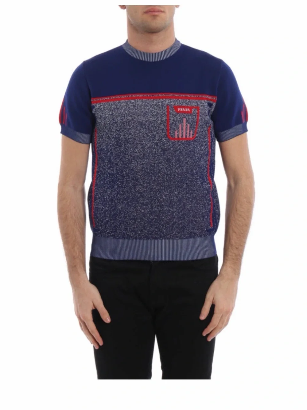 Prada Blue Short-Sleeve Crewneck Sweater with Red Trim
